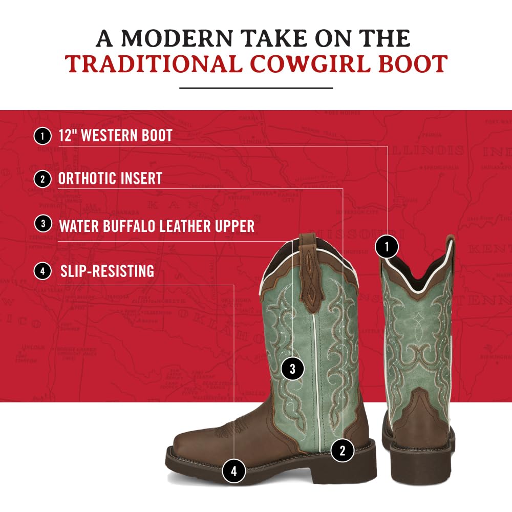 Justin Raya 12" Women's Western Boot - Gypsy Collection - Square Toe, J-Flex Comfort, Distressed Brown