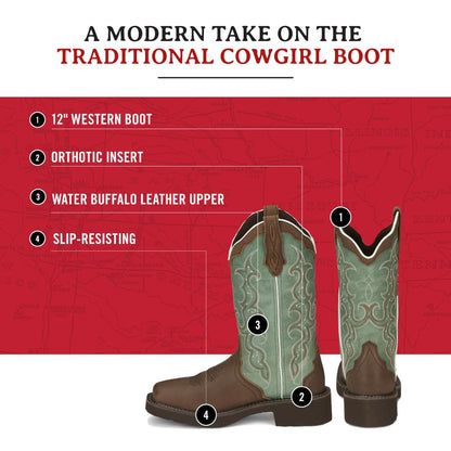 Justin Raya 12" Women's Western Boot - Gypsy Collection - Square Toe, J-Flex Comfort, Distressed Brown