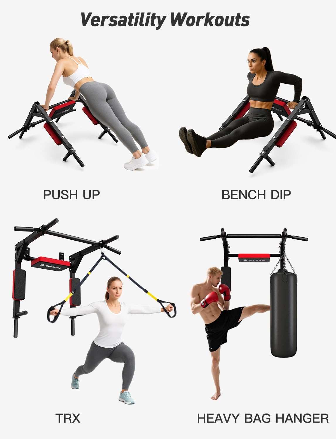 Barra de dominadas y estación de fondos de pared CRYSTAL FIT (Soporta 440 lbs)