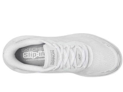 Skechers Women's Max Cushioning Glide Step Caledonia Hands Free Slip-ins Sneaker, White/Silver