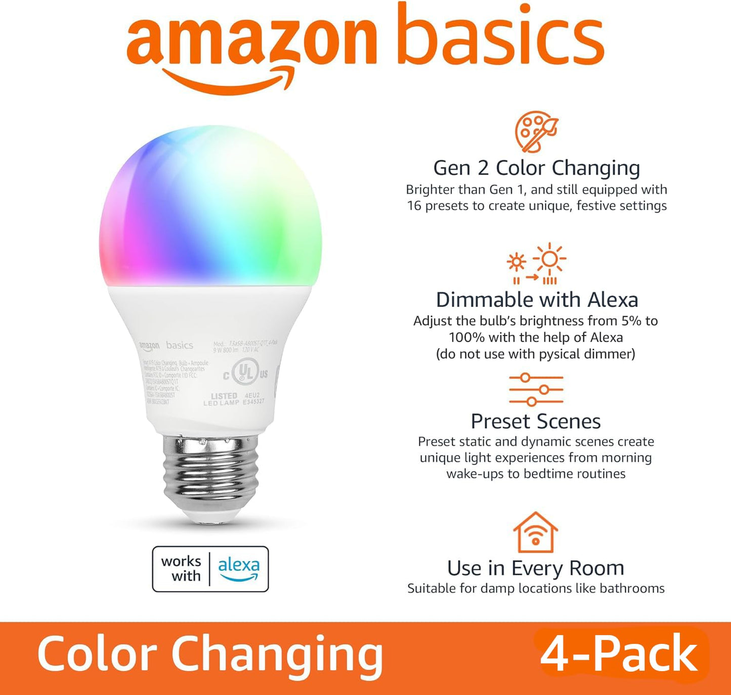 Amazon Basics Focos LED Inteligentes A19 (Paquete de 4 / 9W)