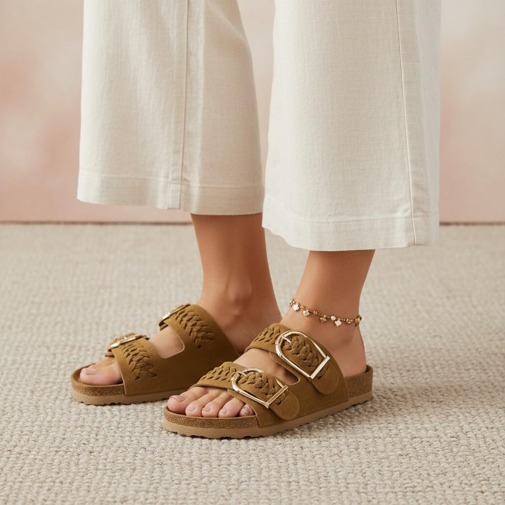 CUSHIONAIRE Cashew Slip On Womens Sandals, Genuine Suede Leather Braided Double Strap Slide On Sandals with Adjustable Big Buckle for Women 2026, Chestnut 7.5