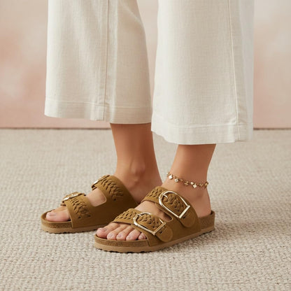 CUSHIONAIRE Cashew Slip On Womens Sandals, Genuine Suede Leather Braided Double Strap Slide On Sandals with Adjustable Big Buckle for Women 2026, Chestnut 7.5
