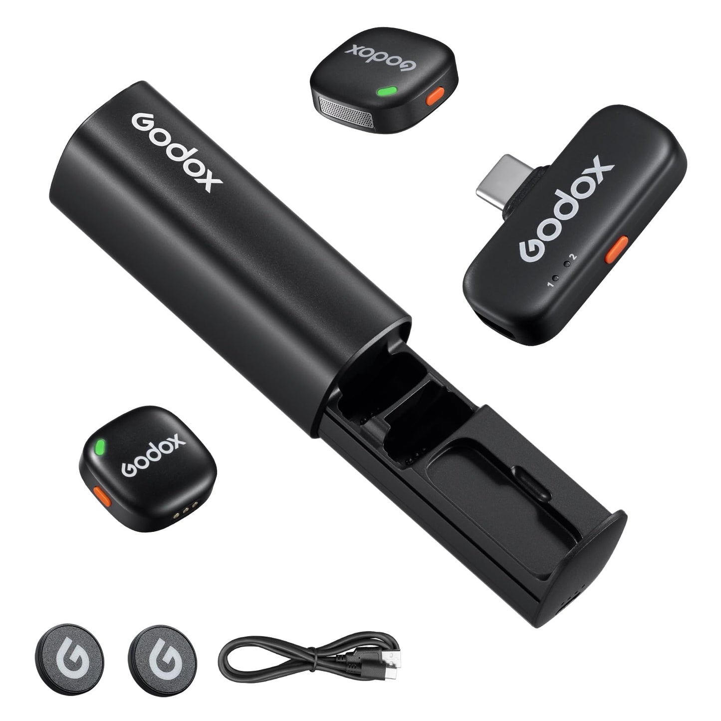 GODOX C01 KIT2 Wireless Microphone, 48kHz/24-bit Professional Lavalier Mic 60W Fast Charging Mini Microphones 7g Ultralight,54H,Noise Reduction,200M Low Latency (2TX+1RX+USB-C+Charging Case)