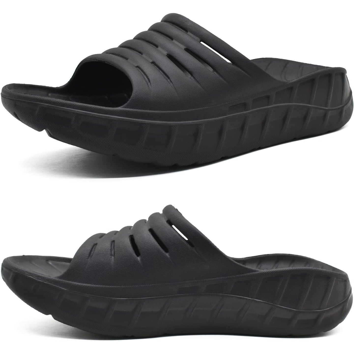 KuaiLu Mens Recovery Sandals Orthotic Arch Support Open Toe Sport Slides Thick Cushion Orthopedic Plantar Fasciitis Slip On Wide Width Summer Pool Beach Waterproof Walking Slippers Black