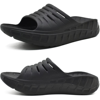 KuaiLu Mens Recovery Sandals Orthotic Arch Support Open Toe Sport Slides Thick Cushion Orthopedic Plantar Fasciitis Slip On Wide Width Summer Pool Beach Waterproof Walking Slippers Black