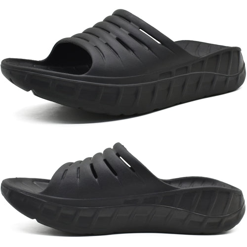 KuaiLu Mens Recovery Sandals Orthotic Arch Support Open Toe Sport Slides Thick Cushion Orthopedic Plantar Fasciitis Slip On Wide Width Summer Pool Beach Waterproof Walking Slippers Black