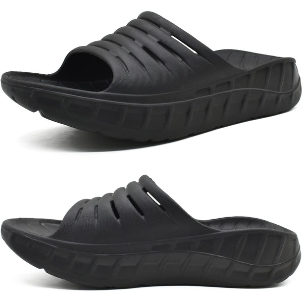 KuaiLu Mens Recovery Sandals Orthotic Arch Support Open Toe Sport Slides Thick Cushion Orthopedic Plantar Fasciitis Slip On Wide Width Summer Pool Beach Waterproof Walking Slippers Black