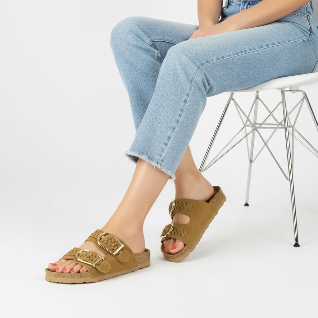CUSHIONAIRE Cashew Slip On Womens Sandals, Genuine Suede Leather Braided Double Strap Slide On Sandals with Adjustable Big Buckle for Women 2026, Chestnut 7.5