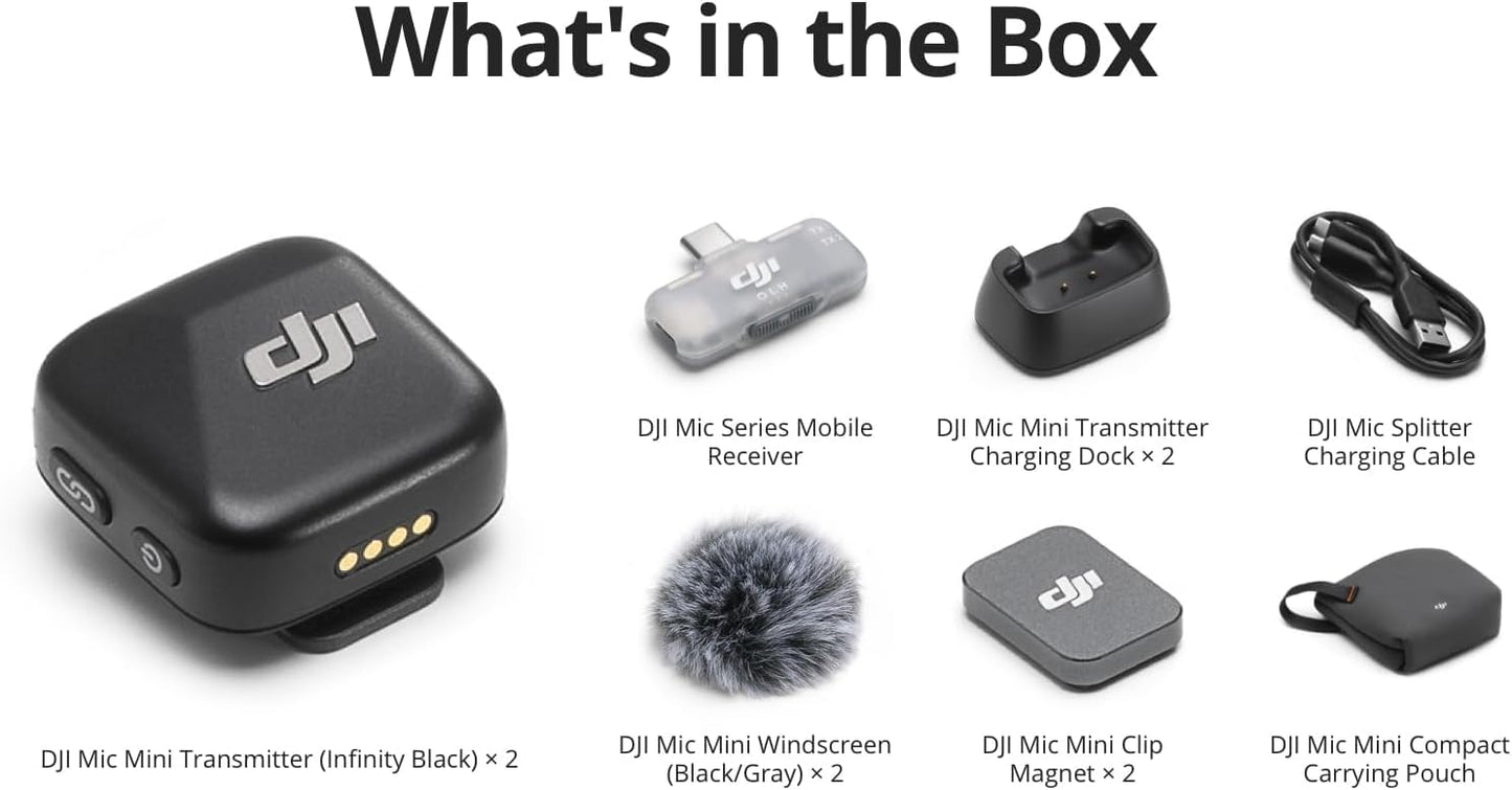 DJI Mic Mini (2 TX + 1 Mobile RX), Wireless Lavalier Microphone for iPhone 17/16/15 & Android/PC/Tablet, Plug-and-Play, 300m Transmission, Ultralight, Active Noise Cancelling, YouTube, Vlog, Streaming