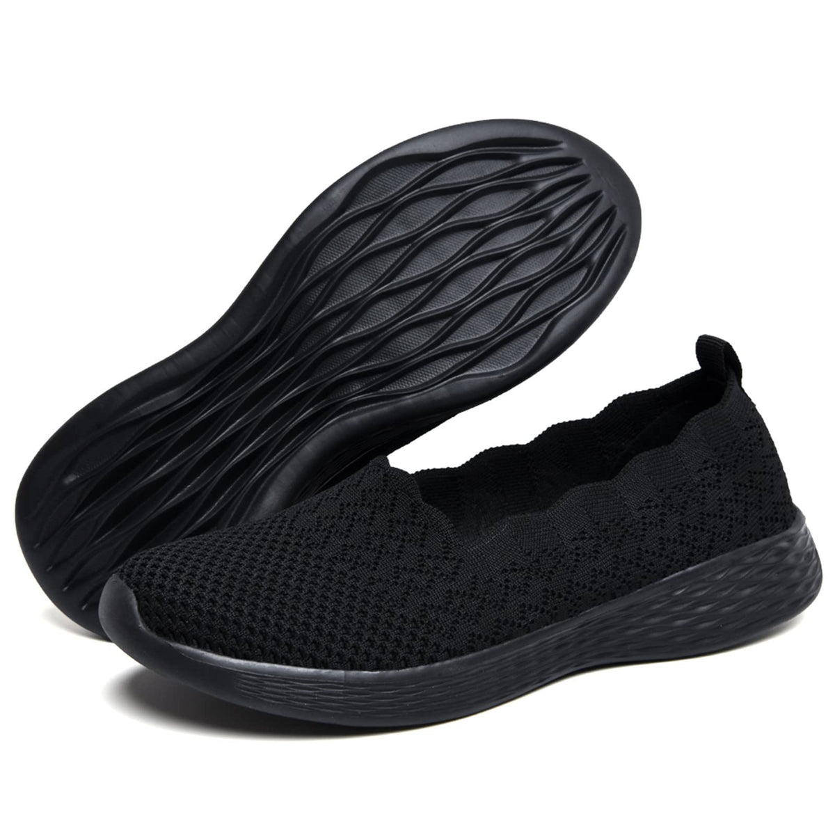 poemlady Women's Slip on Loafer Shoes - Mesh Casual Ballet Flat Nurse Walking Sneakers Knit Round Toe Casual Low Wedge Memory Foam Shoes, 1905 B/All Black 5.5