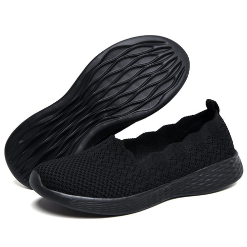 poemlady Women's Slip on Loafer Shoes - Mesh Casual Ballet Flat Nurse Walking Sneakers Knit Round Toe Casual Low Wedge Memory Foam Shoes, 1905 B/All Black 5.5