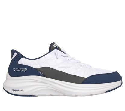 Skechers Men's Contour Foam Cozy Fit Hands Free Slip-in Sneaker, White/Navy
