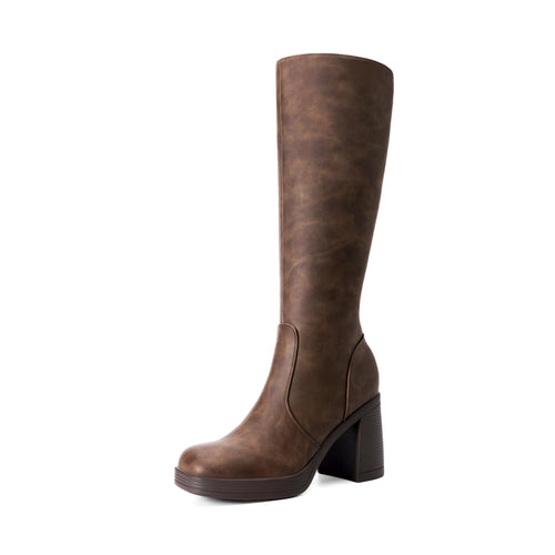 DREAM PAIRS Knee High Boots for Women Platform Square Toe Chunky Block Heeled Stylish Comfortable Tall Boots with Side Zipper, Brown, DWUMKB2541