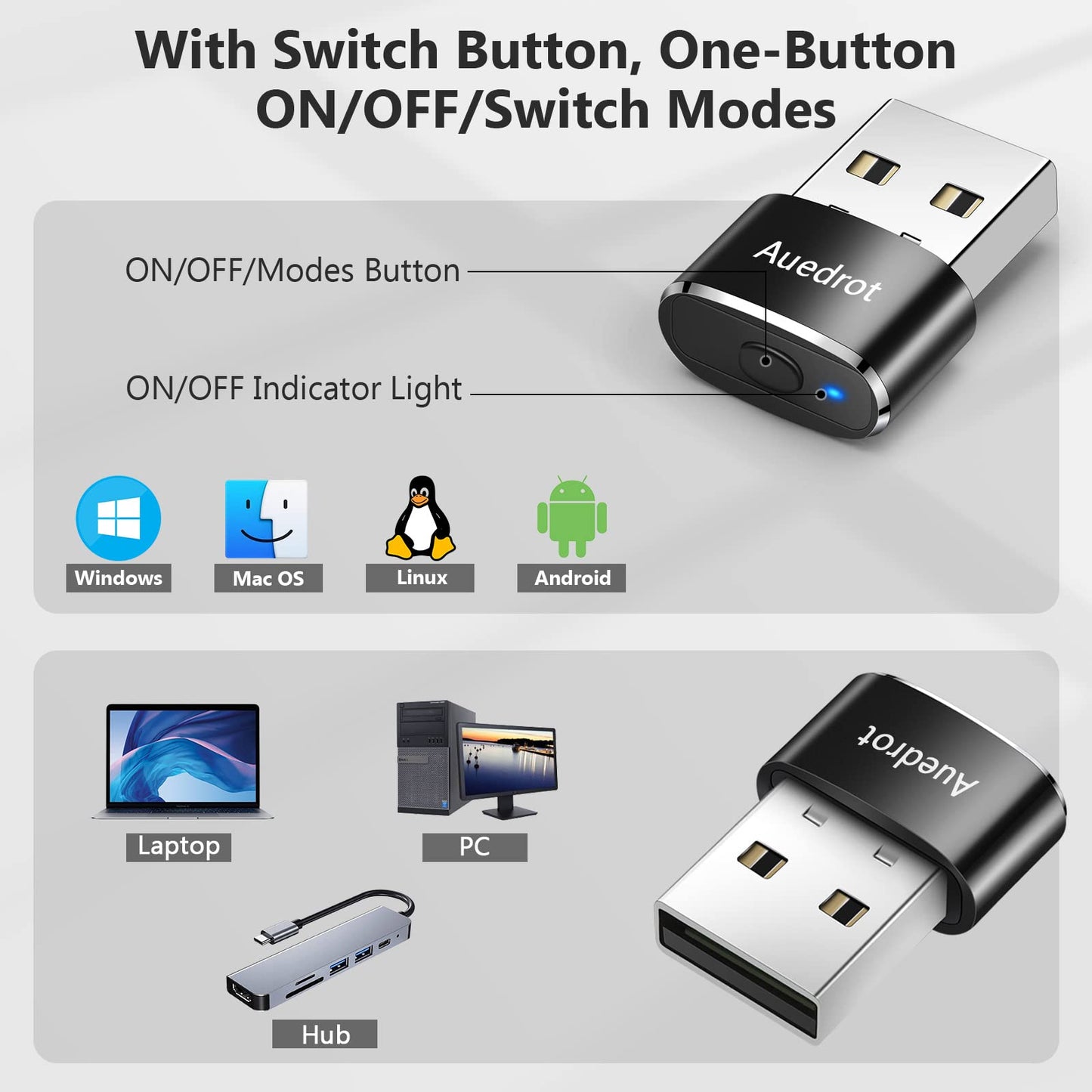 AUEDROT Mouse Jiggler Undetectable Metal USB Mouse Mover with Switch Button, Automatic Mini Mouse Shaker with 2 Jiggle Modes, Plug and Play, Keep Computer/Laptop Awake, Black, 2 PCS