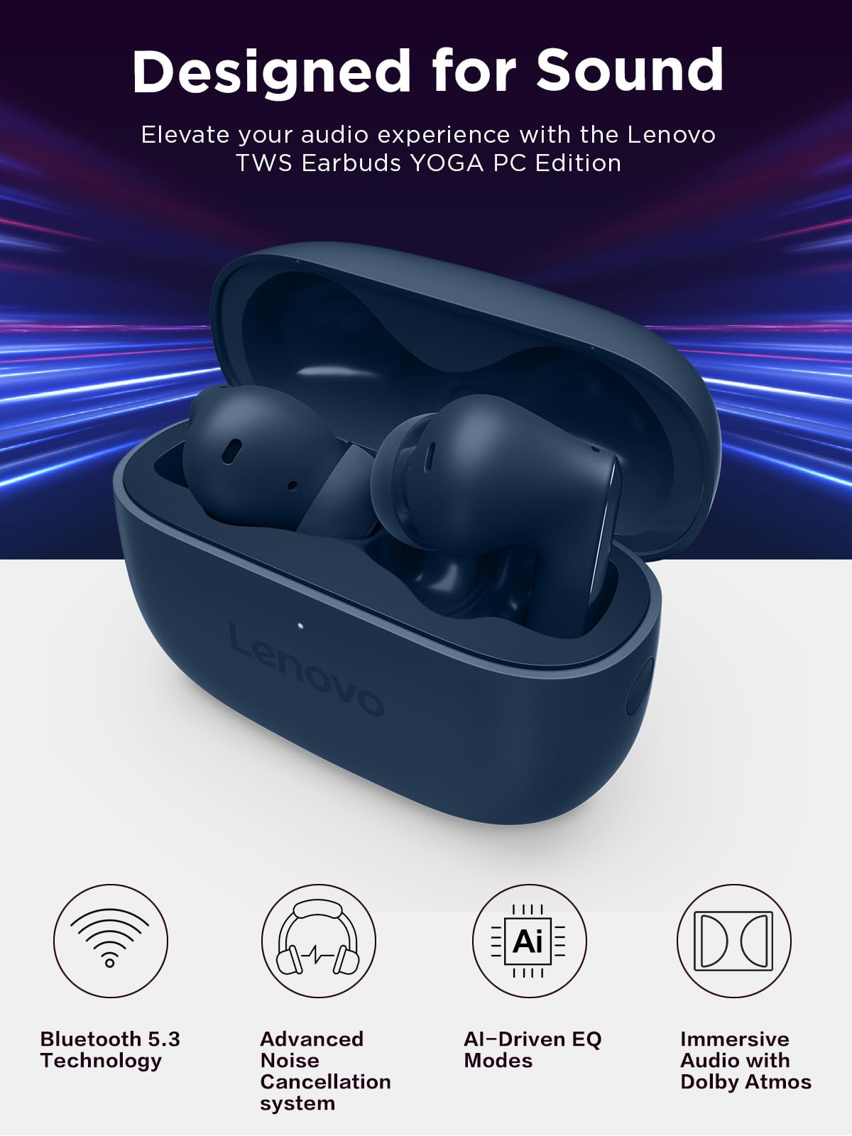 Lenovo TWS Earbuds Yoga PC Edition Cosmic Blue Active Noise Cancellation Bluetooth 5.3 Wireless Earbuds ENC 3-Mic Clear Calls AI EQ Mode Switch for Gaming, Movies, Music, and Meetings
