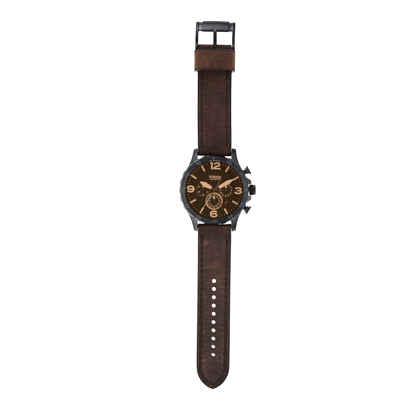 Fossil Men's Nate Quartz Watch, Stainless Steel and Leather Chronograph Watch for Men, Color: Black, Dark Brown