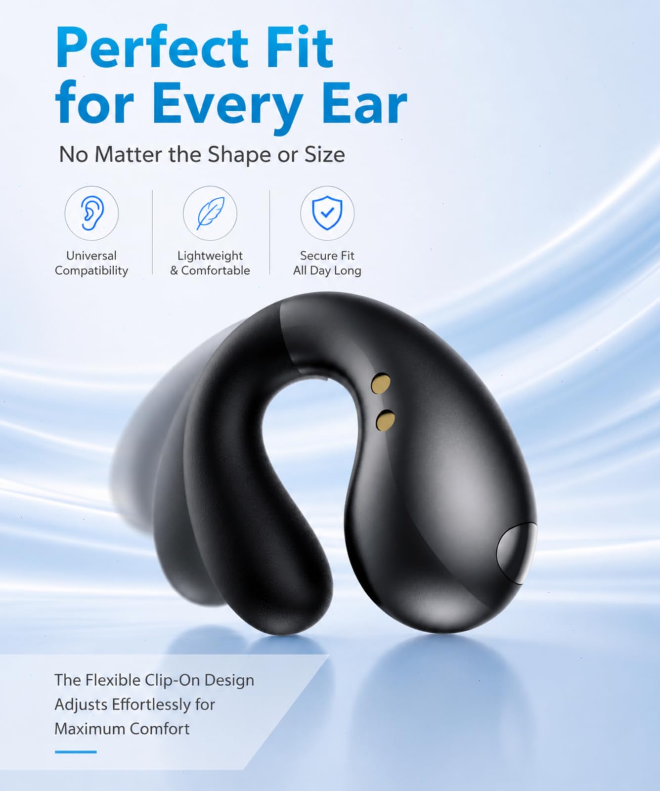 Boytond Ultra Open Ear Earbuds - Comfortable Clip-On Bone Conduction Earbuds, Over-The-Ear Open Headphones with Waterproof Build for Running, Gym Workouts, and Outdoor Sports, Onyx Black