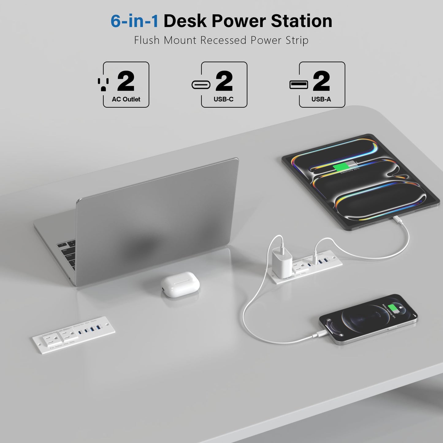 Regleta de Energía Oculta Empotrada para Muebles (Cable 6 Pies / Blanco)