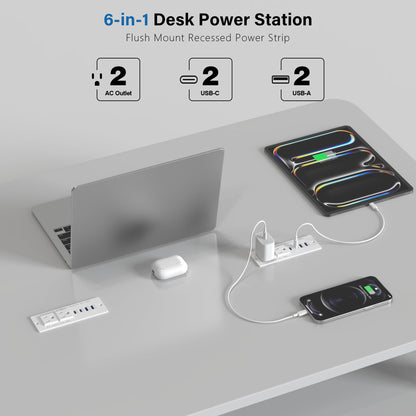 Regleta de Energía Oculta Empotrada para Muebles (Cable 6 Pies / Blanco)