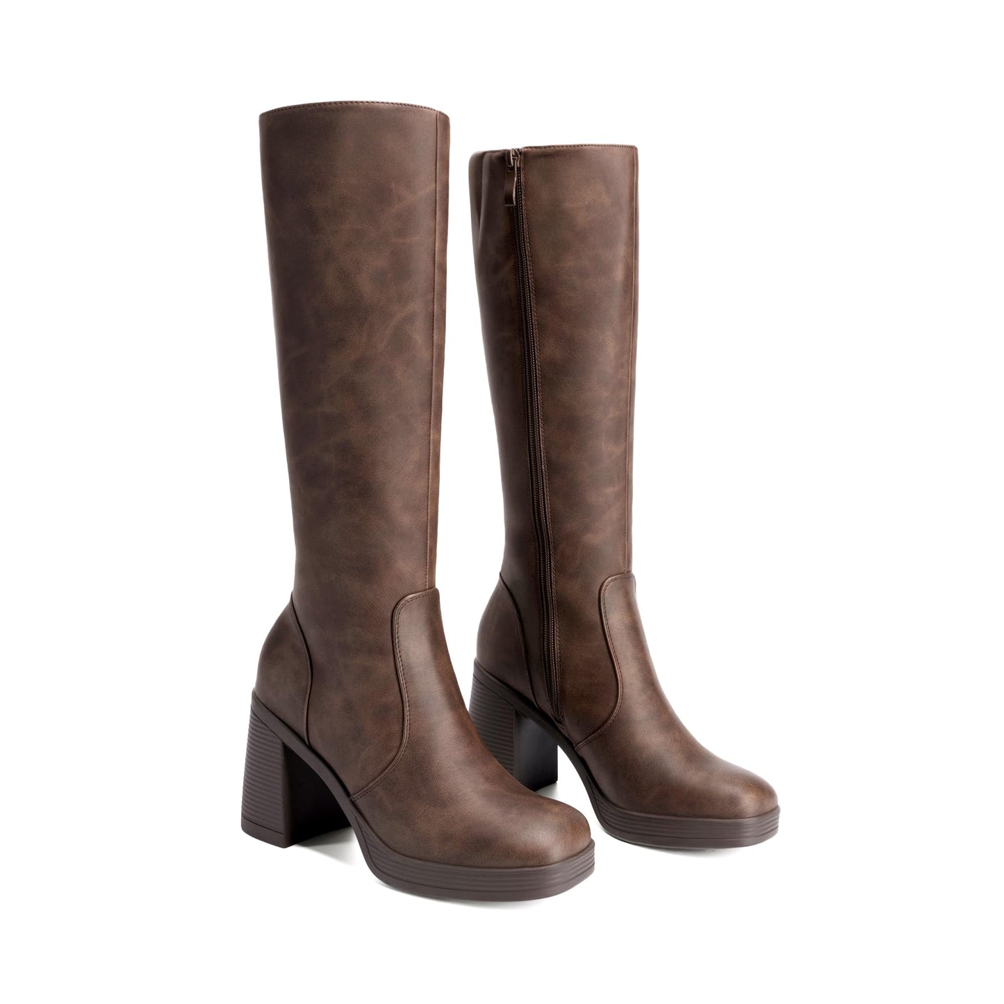 DREAM PAIRS Knee High Boots for Women Platform Square Toe Chunky Block Heeled Stylish Comfortable Tall Boots with Side Zipper, Brown, DWUMKB2541