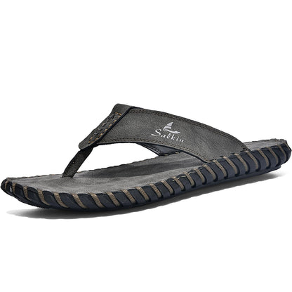 MDIOEP Men's Casual Leather Flip Flops Comfortable Cushion Sole Beach Thongs with Arch Support Home Outdoor Water Resistant Non-Slip Slides Sandals (khaki
