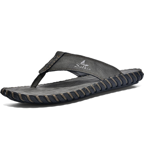 MDIOEP Men's Casual Leather Flip Flops Comfortable Cushion Sole Beach Thongs with Arch Support Home Outdoor Water Resistant Non-Slip Slides Sandals (khaki