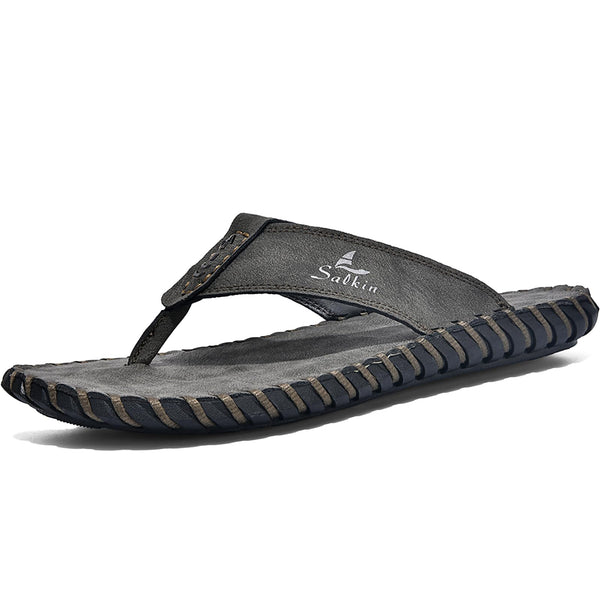MDIOEP Men's Casual Leather Flip Flops Comfortable Cushion Sole Beach Thongs with Arch Support Home Outdoor Water Resistant Non-Slip Slides Sandals (khaki