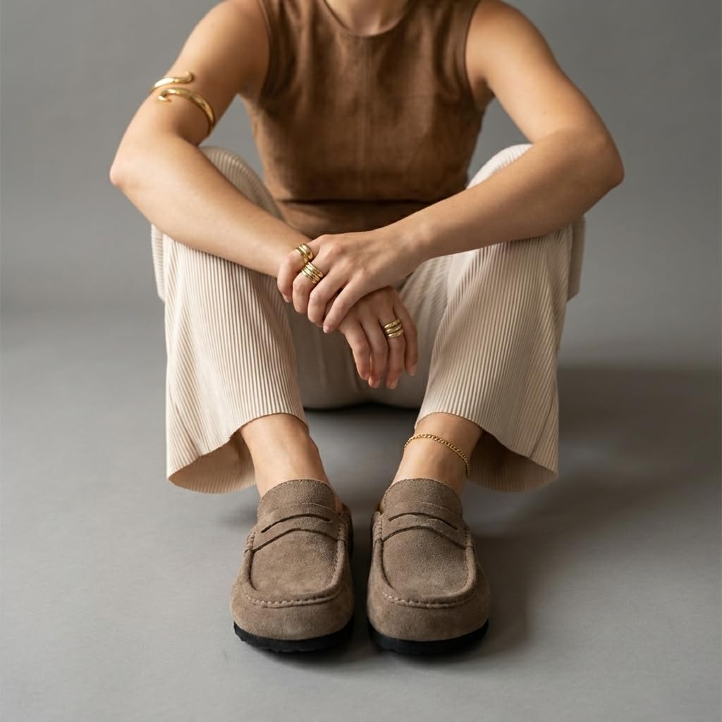 CUSHIONAIRE Fondu Genuine Leather Mule Clogs for Women, Comfortable Slip On Womens Shoes with Penny Strap Accent and Memory Foam Footbed, Taupe