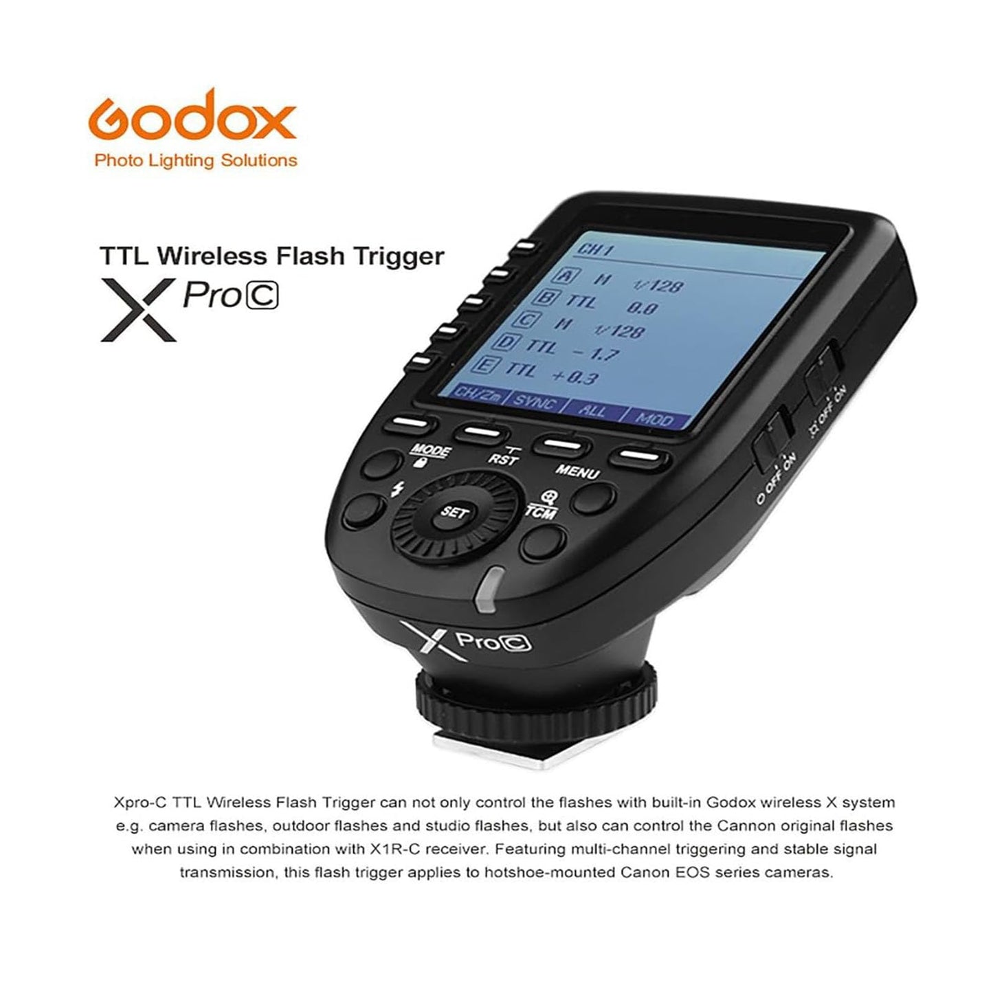 Godox XproC Xpro-C TTL Wireless Flash Trigger for Canon, 1/8000s HSS TTL-Convert-Manual Function Large Screen Slanted Design 5 Dedicated Group Buttons 11 Customizable Functions (XProC for Canon)