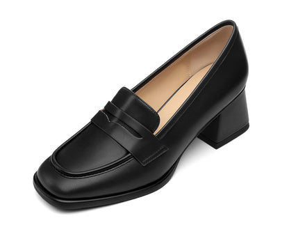FEMSTEP Womens Loafers, Black Slip on Chunky Heels Loafer Pumps Platform Square Toe Penny Loafers Comfortable Business Casual Work Dress Shoes for Women Formal Office