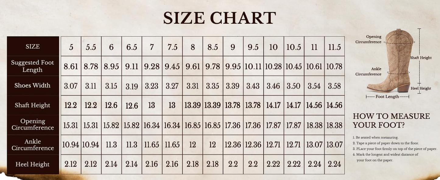 IUV Cowboy Boots For Women Western Cowgirl Boots with Chunky Heel Mid Calf Snip Toe Ideal for low insteps