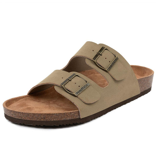 Nautica Men's Double Buckle Slide Sandals – Adjustable Strap Slip-On with Cushioned Footbed & Cork Sole for Comfort and Support-Triun-Light Tan-Size