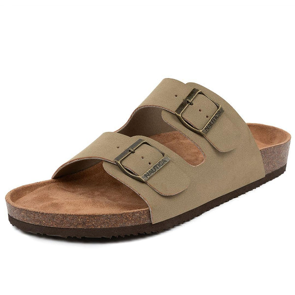 Nautica Men's Double Buckle Slide Sandals – Adjustable Strap Slip-On with Cushioned Footbed & Cork Sole for Comfort and Support-Triun-Light Tan-Size