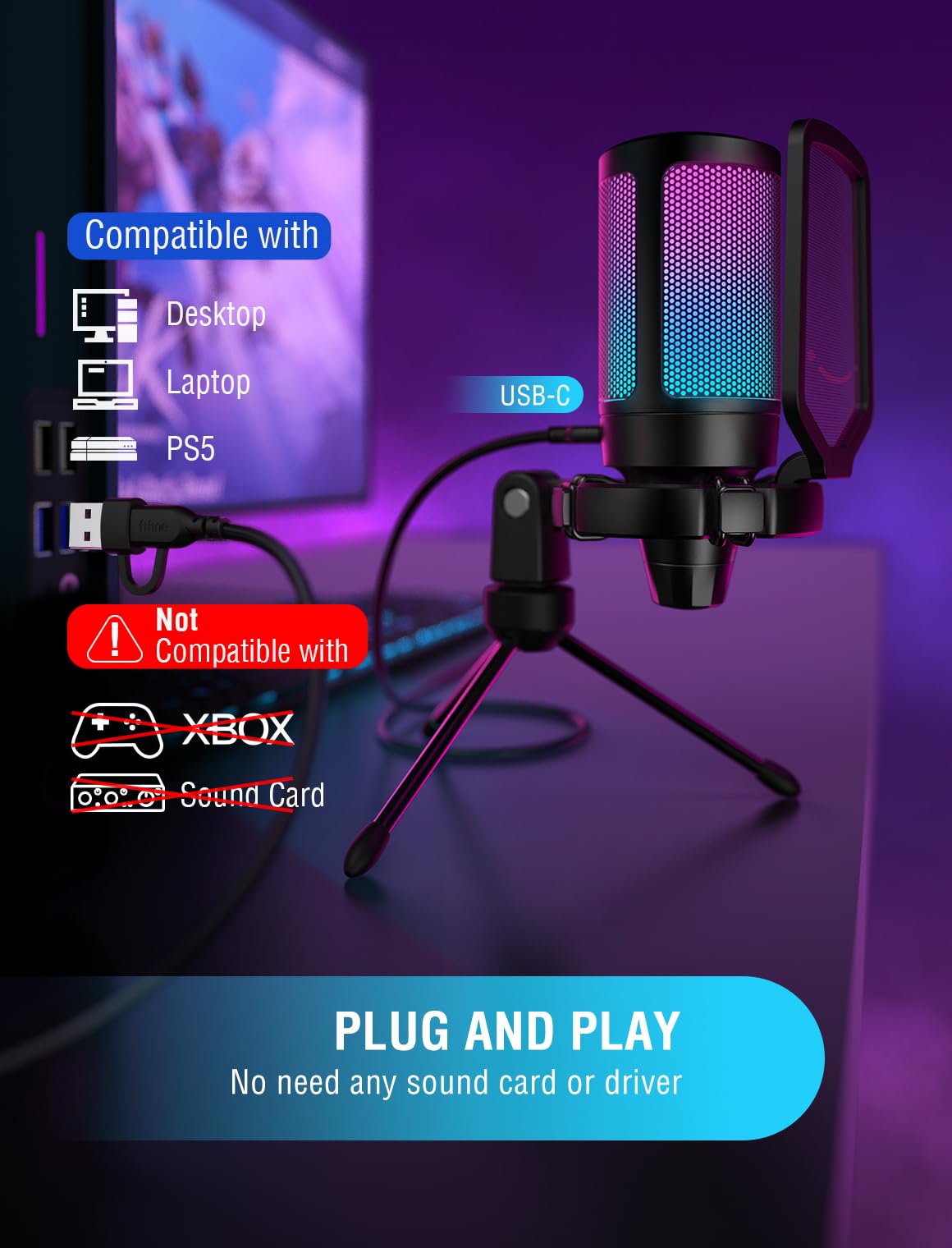 FIFINE Micrófono USB para Juegos AmpliGame (Para PC/PS5)