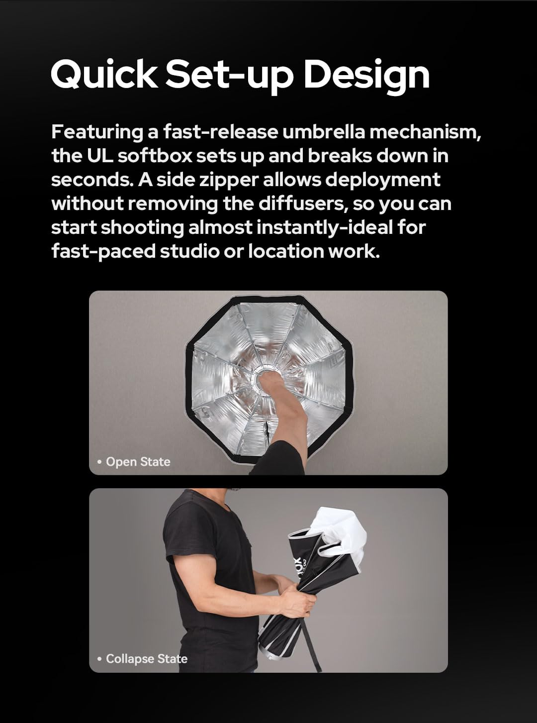 Godox Softbox UL-Octa60 23.6"/60cm Octagonal Softbox, Quick-Release Umbrella Design Bowens Mount Softbox with Grid & Deflector Plater, for LED Video & Photography Lighting