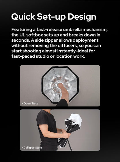 Godox Softbox UL-Octa60 23.6"/60cm Octagonal Softbox, Quick-Release Umbrella Design Bowens Mount Softbox with Grid & Deflector Plater, for LED Video & Photography Lighting