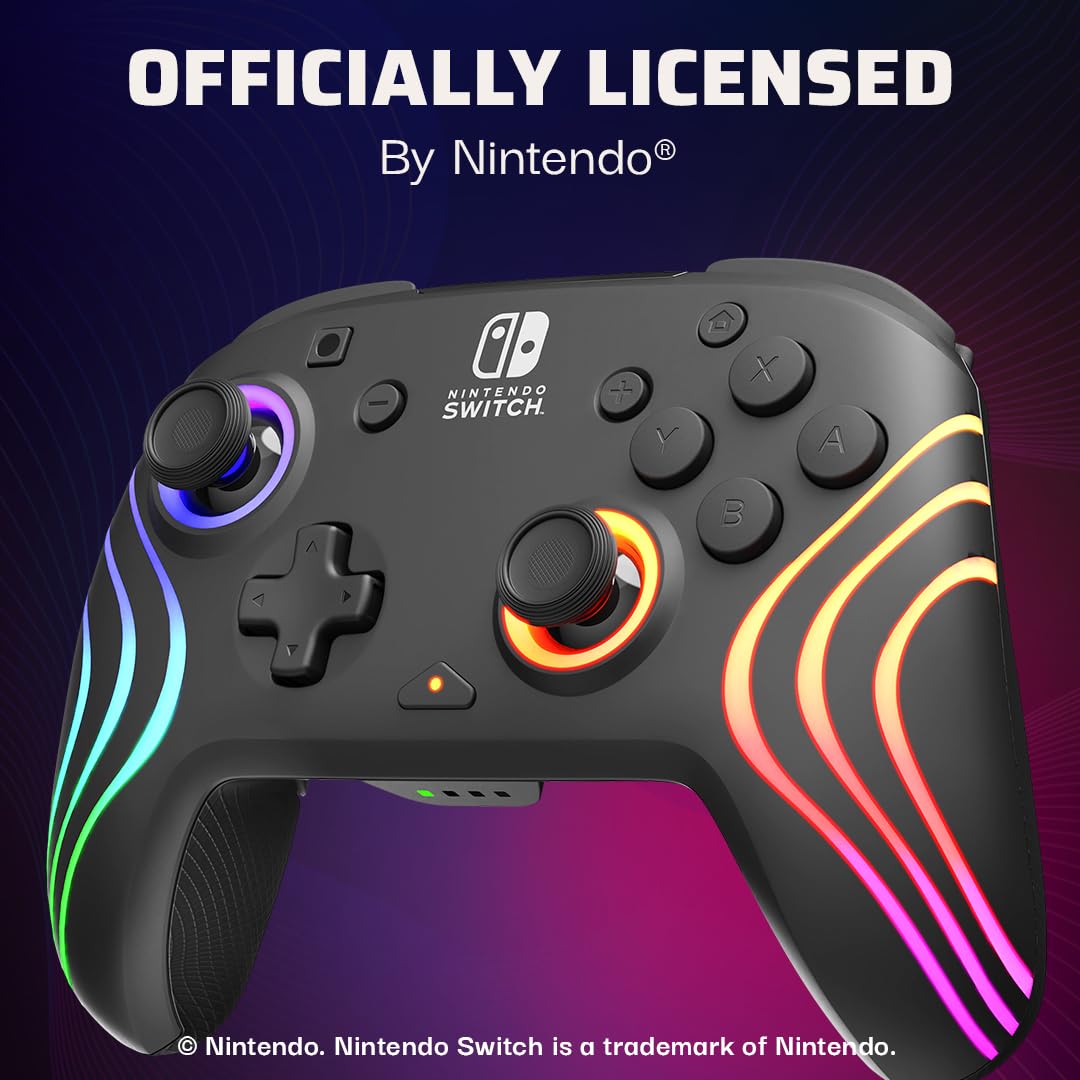 PDP Gaming Afterglow Wave Wireless Nintendo Switch Pro Controller - Officially Licensed, Nintendo Switch 2, Switch Lite/OLED, RGB LED Customization, App Controls, Rechargeable Battery Power - Black