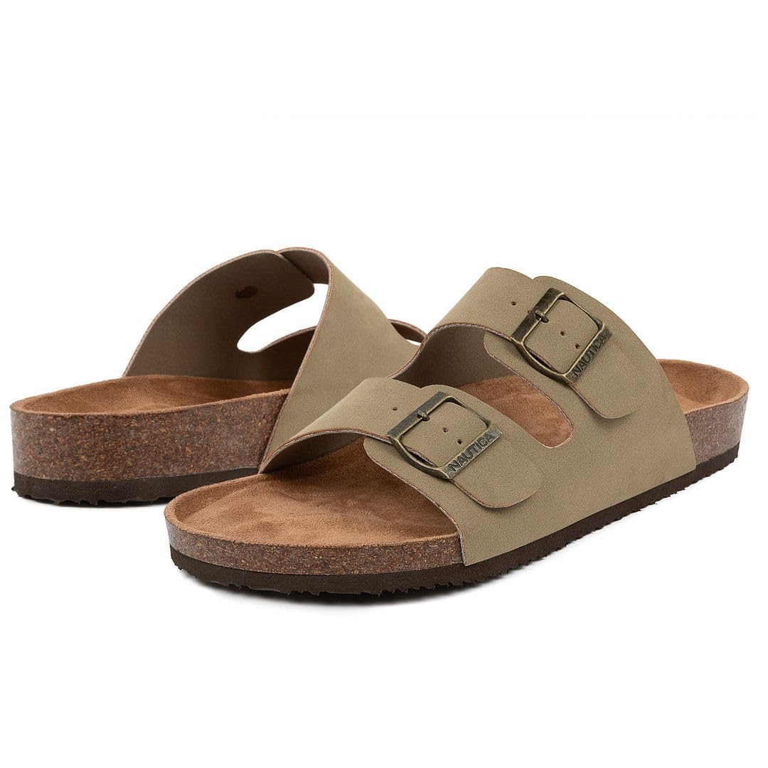 Nautica Men's Double Buckle Slide Sandals – Adjustable Strap Slip-On with Cushioned Footbed & Cork Sole for Comfort and Support-Triun-Light Tan-Size