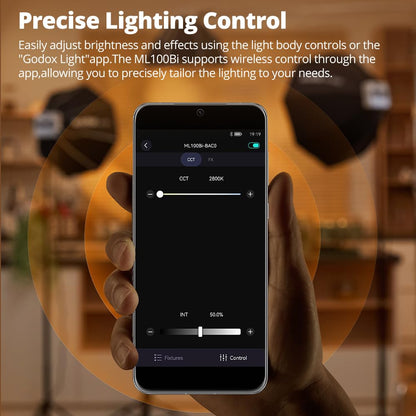 Godox ML100Bi 120W LED Video Light, 2800K-6500K Bi-Color Video Lighting Kit, 34300 Lux CRI 97+/TLCI 98+, APP Control, USB-C Charging, 11 FX Effects, for Filming/Live Streaming/Outdoor Photography