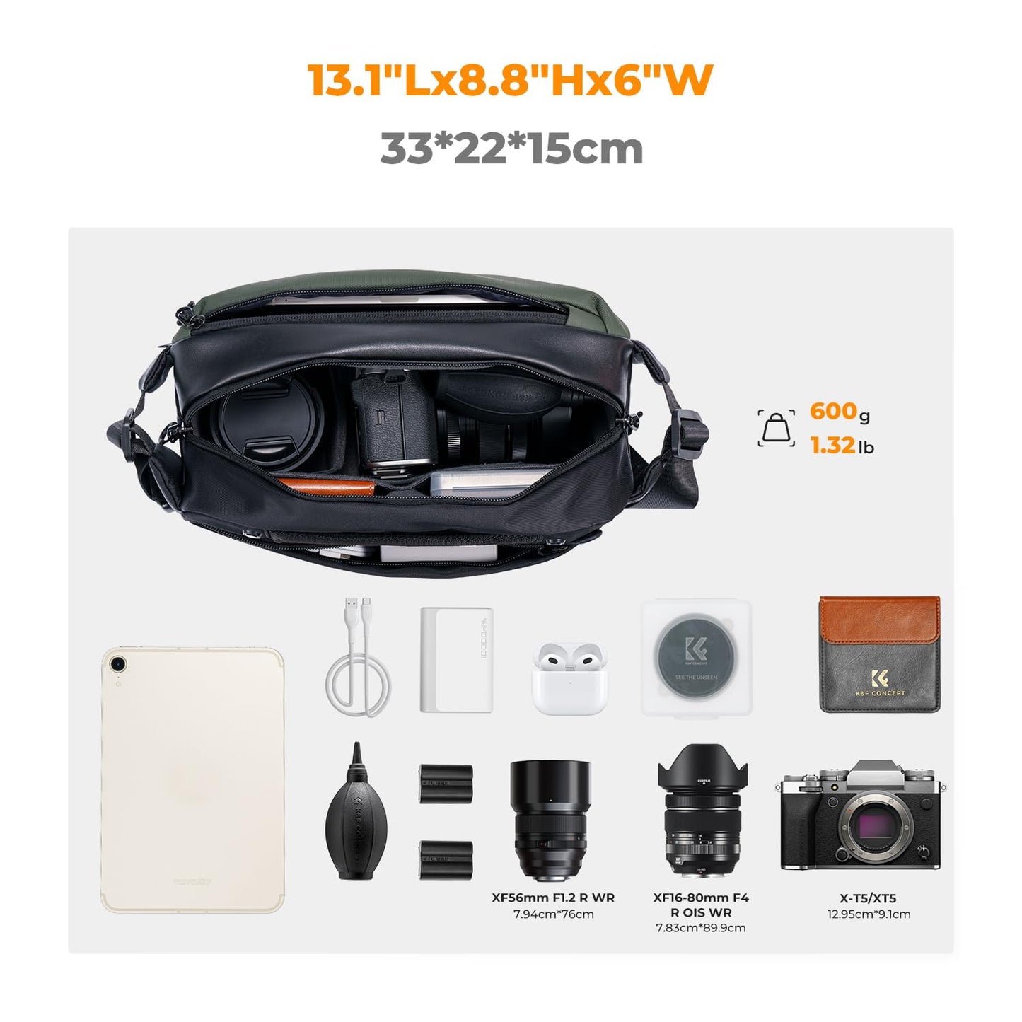 K&F CONCEPT 2 in 1 Sling Bag Everyday Shoulder Bag & Multifunction Photography Crossbody Camera DSLR Backpack Portable Bag Black-Green