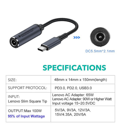 PLUSPOE Cable de Carga de Energía a USB Tipo C (100W)