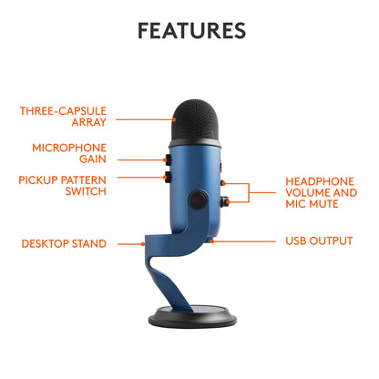 Logitech Creators Blue Yeti USB Microphone for PC, Mac, Gaming, Streaming, Podcasting, Studio and Computer Condenser Mic with Blue VO!CE Effects, 4 Pickup Patterns, Plug and Play - Midnight Blue