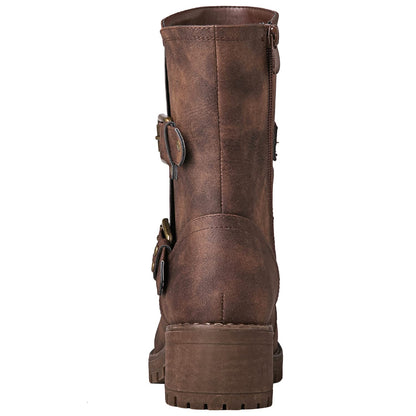 GLOBALWIN Lace up Mid Calf Motorcycle Fashion Festival Boots Combat Riding Military Boots for Women Brown