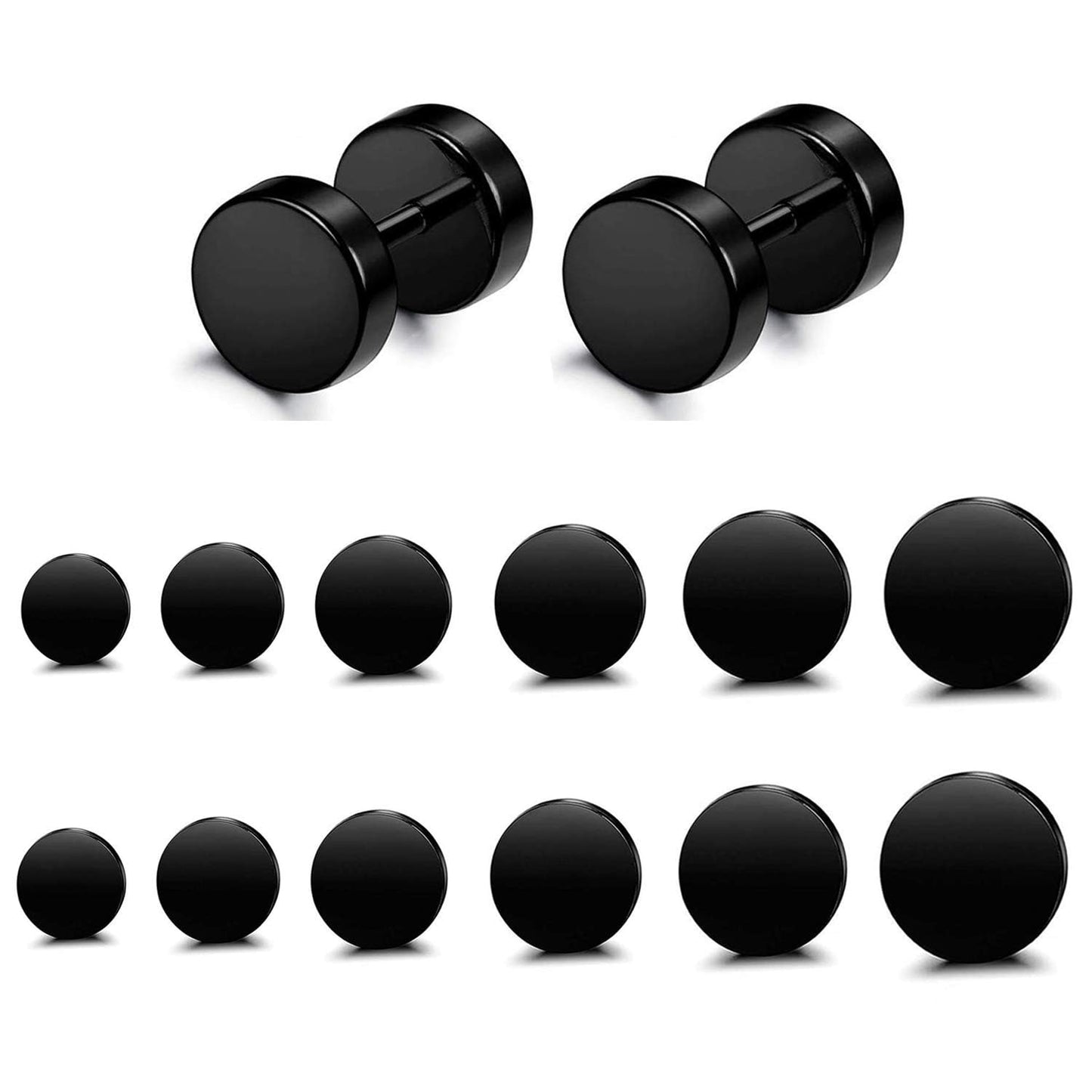 FIBO STEEL Pendientes de Acero Inoxidable (Negro / 6 Pares / 3-8mm)