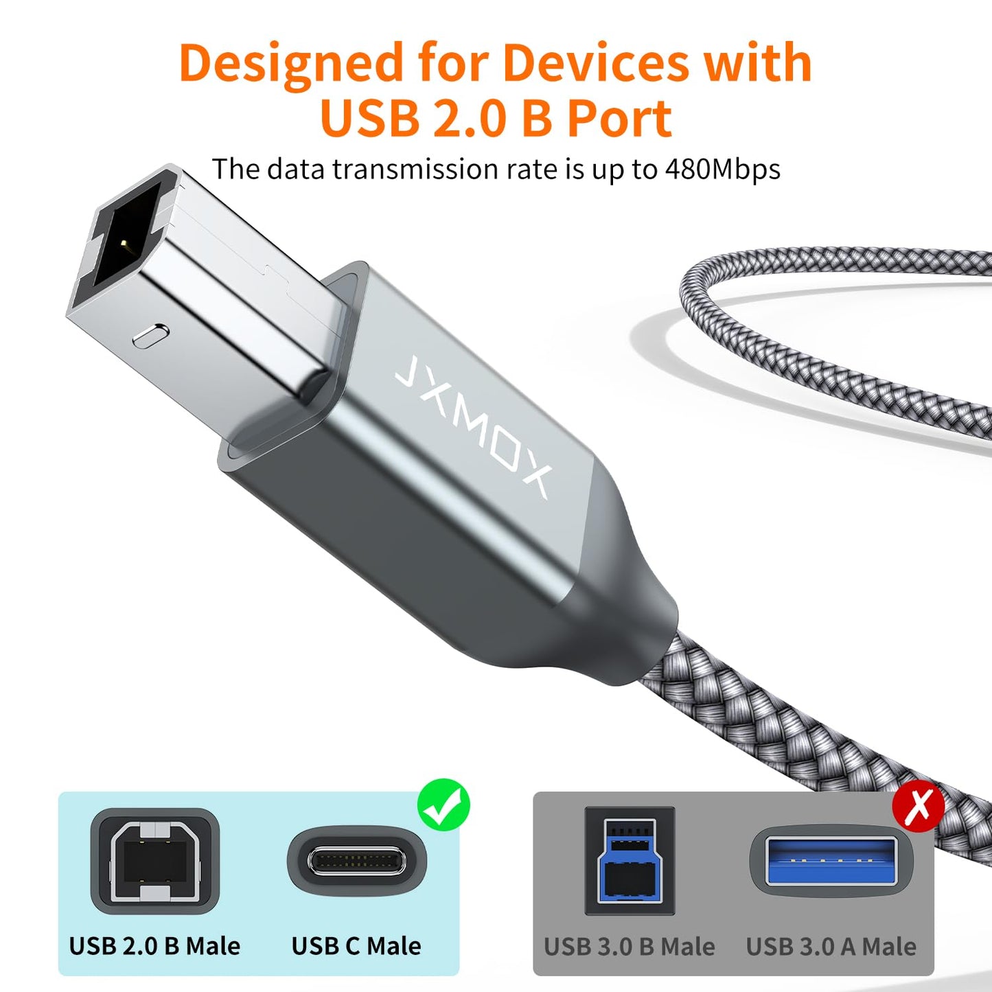 JXMOX Cable de Impresora USB B a USB C (Paquete de 2 / 6.6 pies)