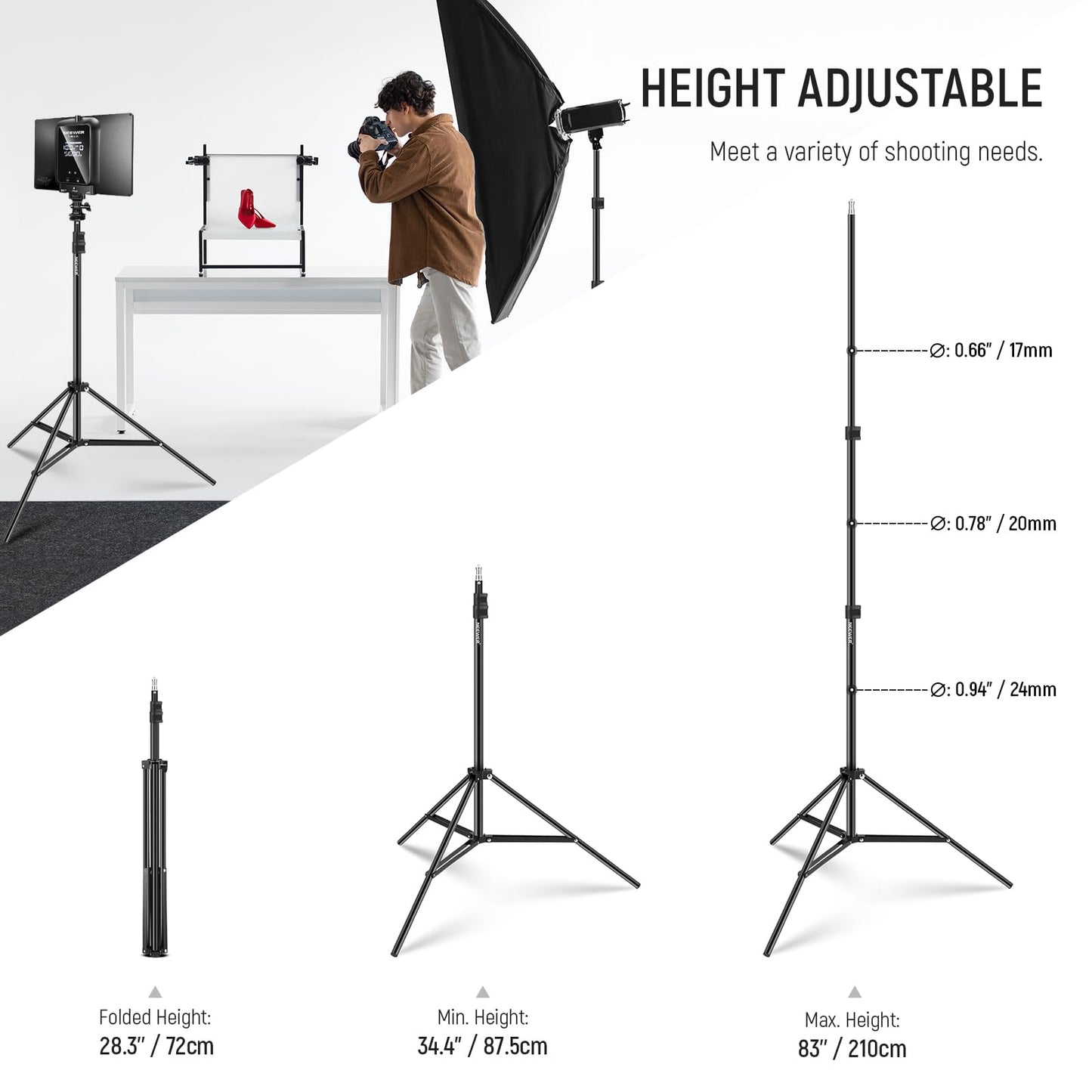 NEEWER Photography Light Stand, 7 Feet / 210cm Aluminum Alloy Photo Studio Tripod Stands for Video, Portrait and Photography Lighting, Reflectors, Soft Boxes, Umbrellas, Backgrounds (2 Pieces)