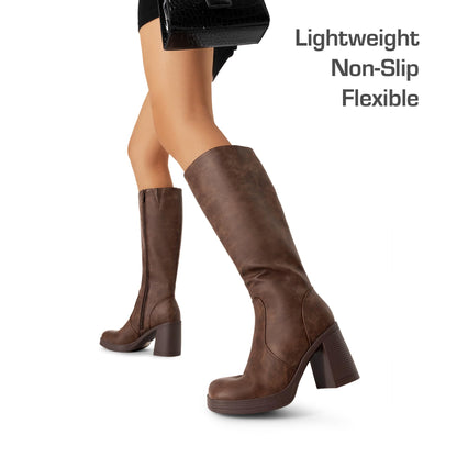 DREAM PAIRS Knee High Boots for Women Platform Square Toe Chunky Block Heeled Stylish Comfortable Tall Boots with Side Zipper, Brown, DWUMKB2541