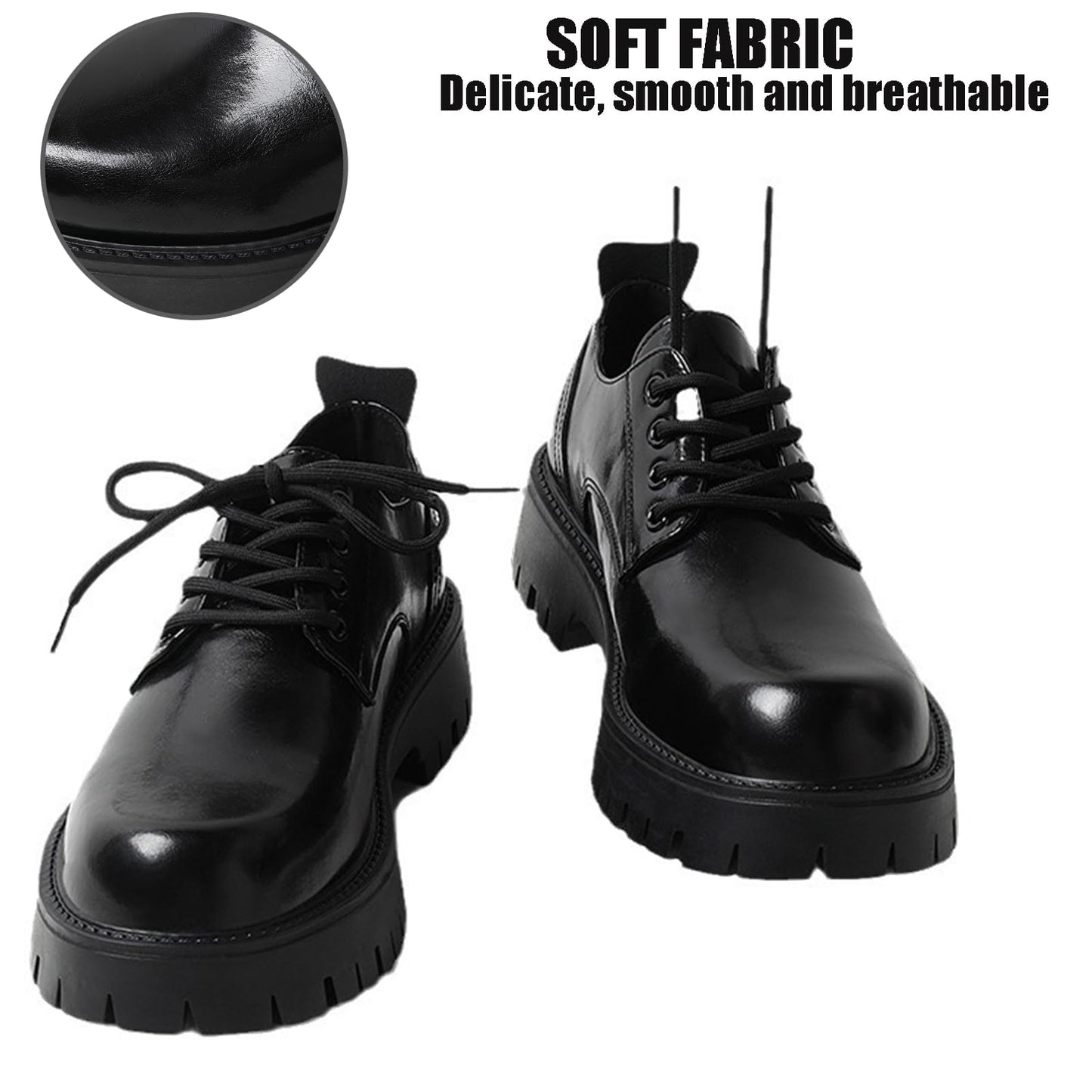 Men's Leather Lace Up Platform Oxfords Round Toe Chunky Heel Lug Sole Heightening Soft Bottom Derby Casual Shoes Classic Work Office Business Dress Shoes (Black