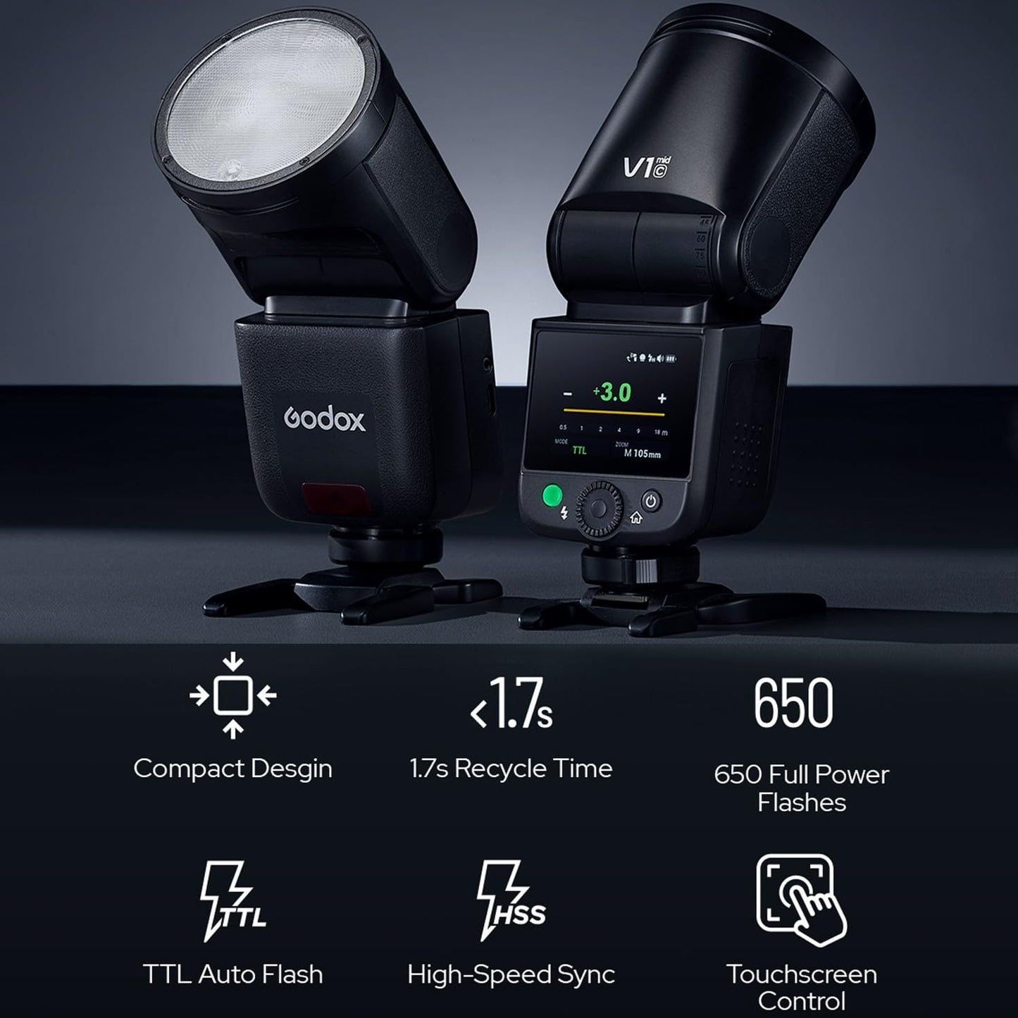 GODOX V1 Mid S Godox Flash for Sony Flash Speedlight,55Ws 2.4G TTL Camera Flash for Sony,Touchscreen Control,7.2V/2200mAh Lithium Battery,1.7s Recycle Time,650 Full Power Flashes,LED Modeling Lamp